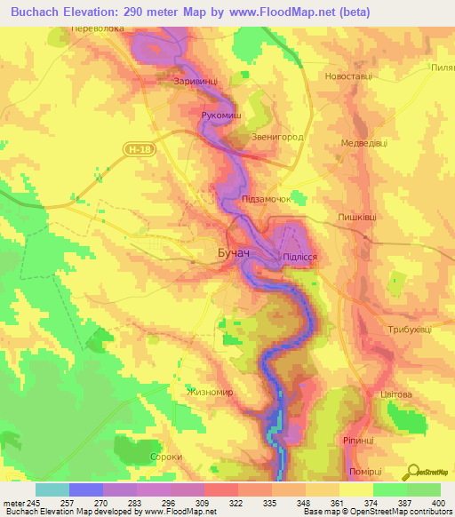 Buchach,Ukraine Elevation Map