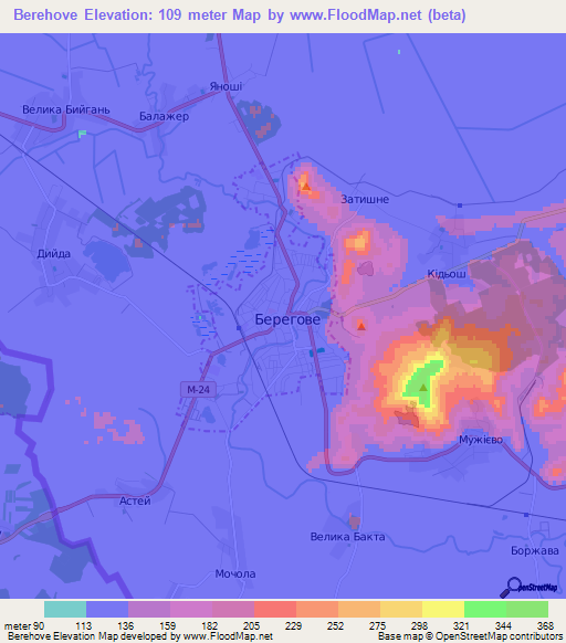 Berehove,Ukraine Elevation Map