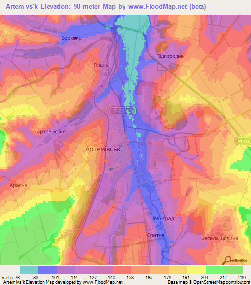 Artemivs'k,Ukraine Elevation Map