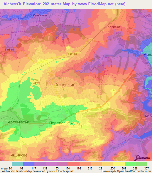 Alchevs'k,Ukraine Elevation Map