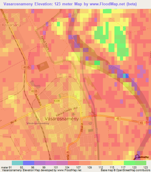 Vasarosnameny,Hungary Elevation Map