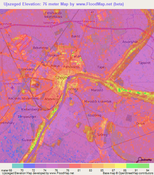 Ujszeged,Hungary Elevation Map