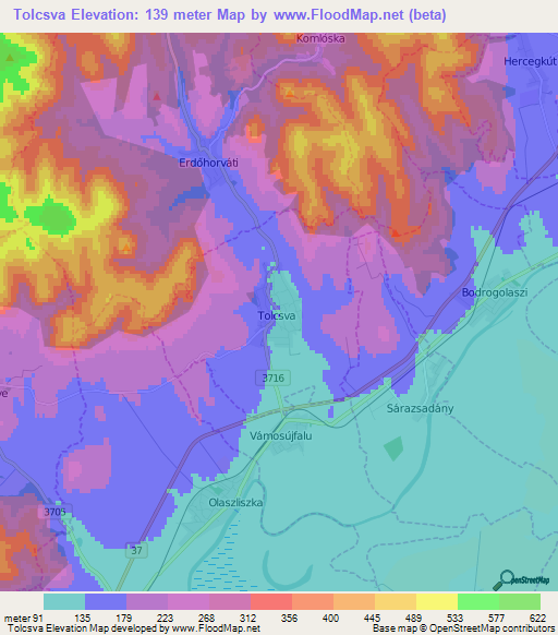 Tolcsva,Hungary Elevation Map