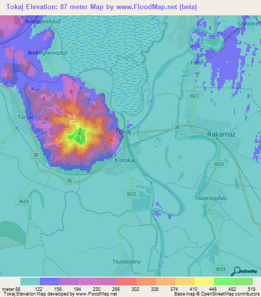 Tokaj,Hungary Elevation Map