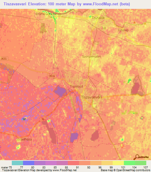Tiszavasvari,Hungary Elevation Map