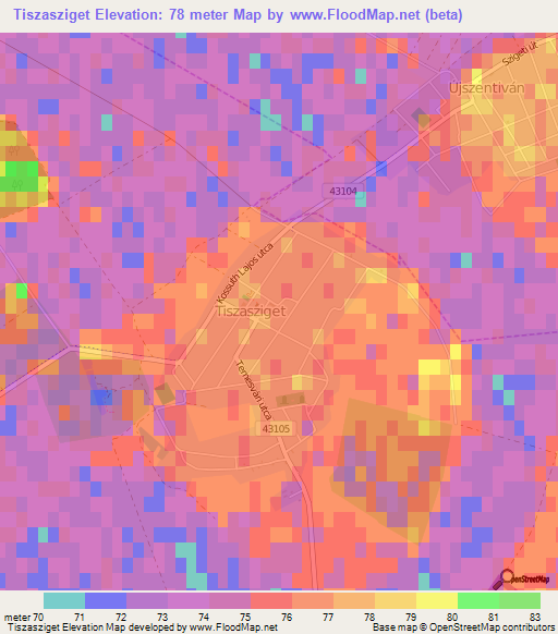 Tiszasziget,Hungary Elevation Map