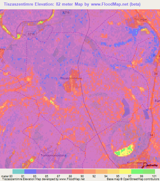Tiszaszentimre,Hungary Elevation Map