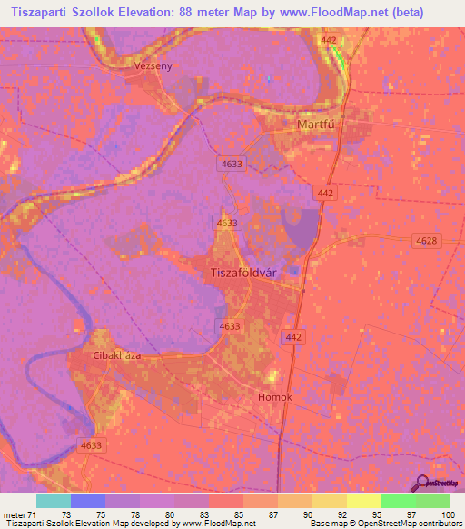 Tiszaparti Szollok,Hungary Elevation Map