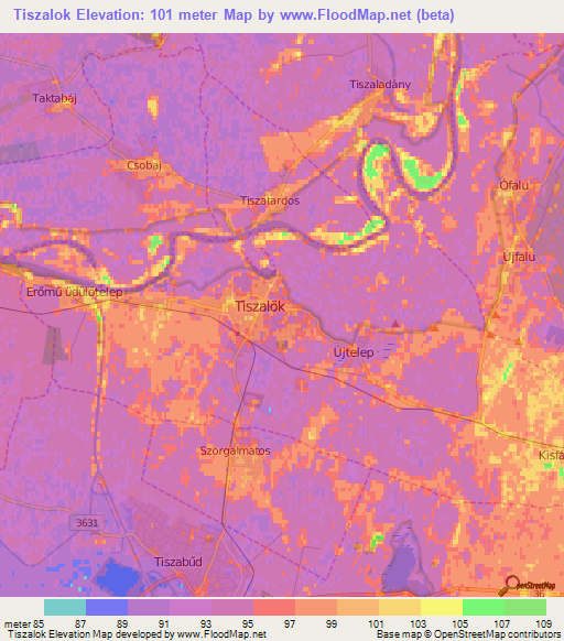 Tiszalok,Hungary Elevation Map