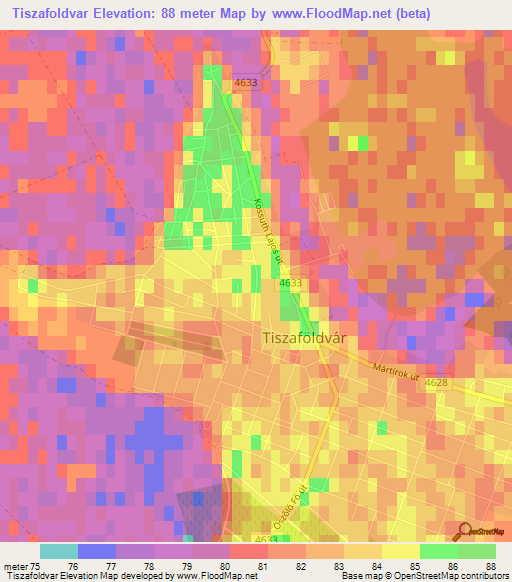 Tiszafoldvar,Hungary Elevation Map
