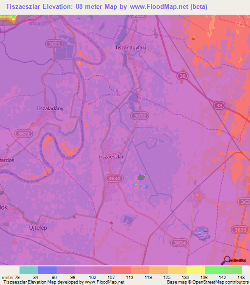 Tiszaeszlar,Hungary Elevation Map
