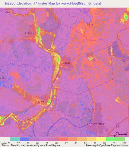 Tiszabo,Hungary Elevation Map