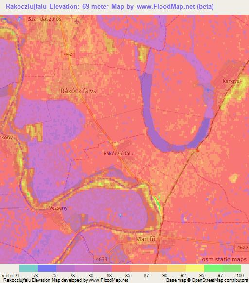 Rakocziujfalu,Hungary Elevation Map
