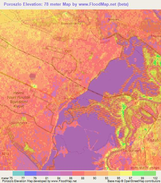 Poroszlo,Hungary Elevation Map