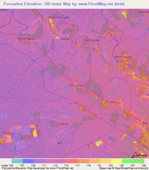Porcsalma,Hungary Elevation Map
