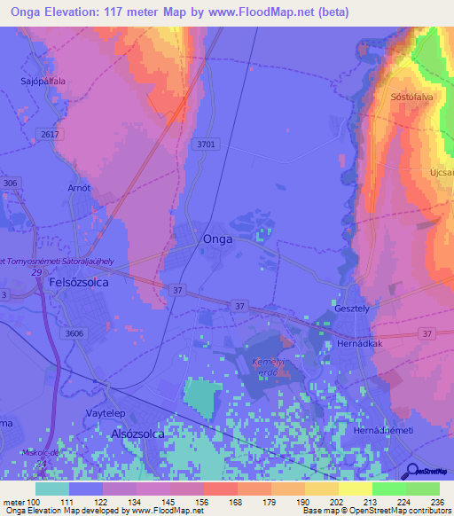 Onga,Hungary Elevation Map