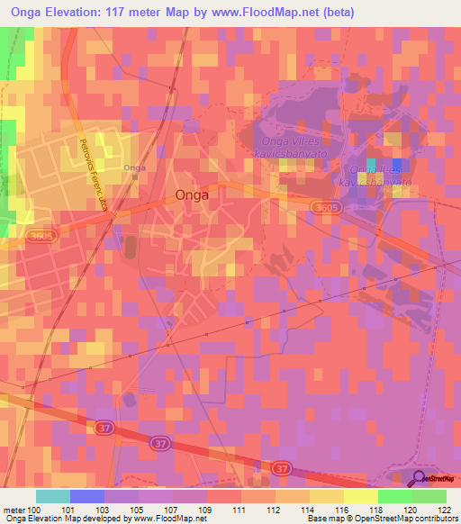 Onga,Hungary Elevation Map