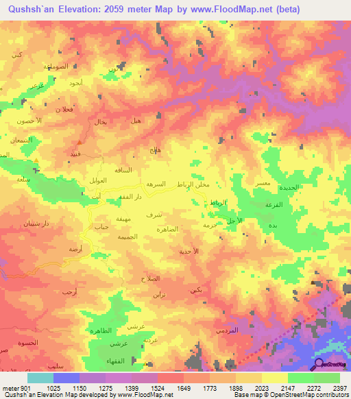 Qushsh`an,Yemen Elevation Map