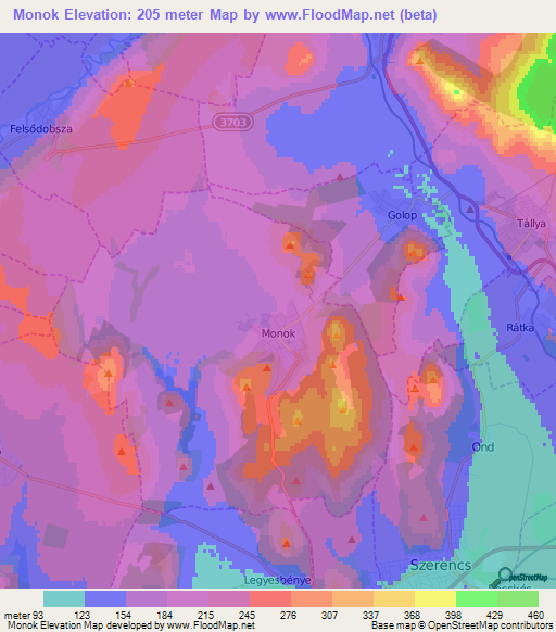 Monok,Hungary Elevation Map