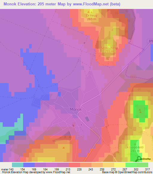Monok,Hungary Elevation Map