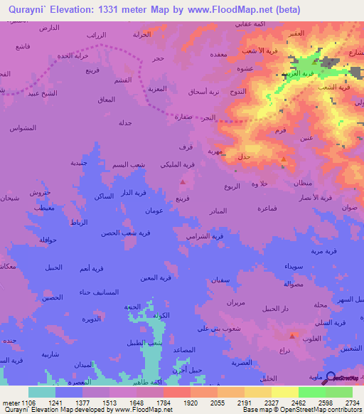 Qurayni`,Yemen Elevation Map