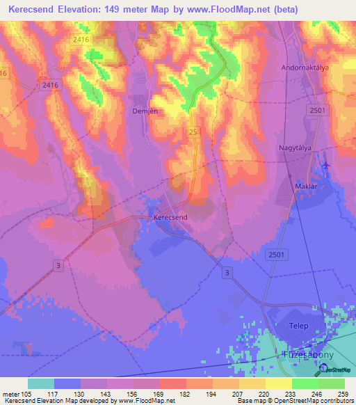 Kerecsend,Hungary Elevation Map