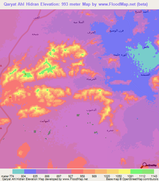 Qaryat Ahl Hidran,Yemen Elevation Map