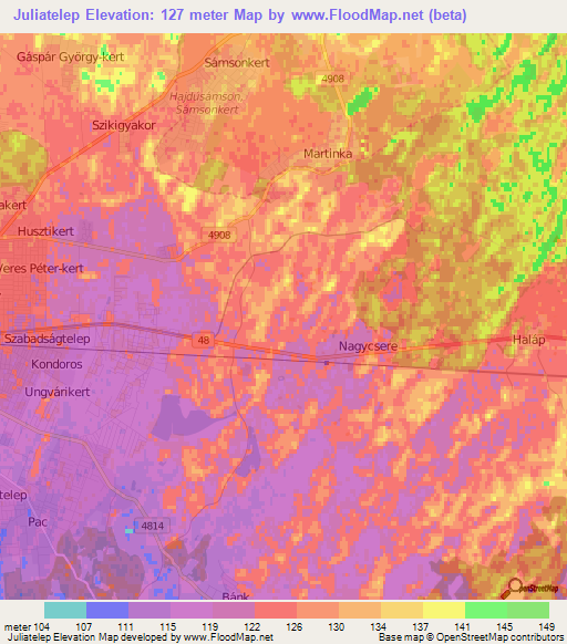 Juliatelep,Hungary Elevation Map