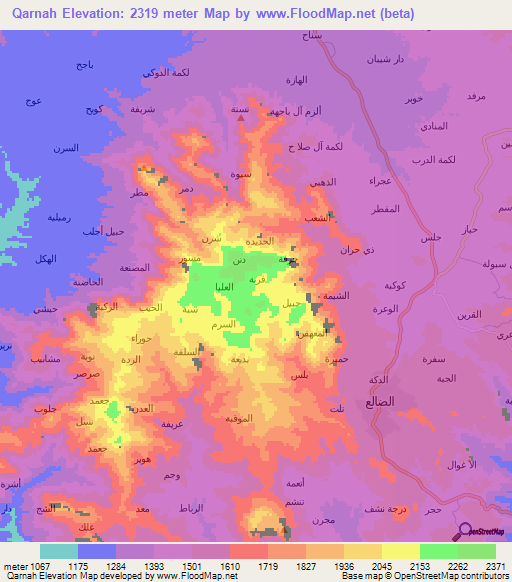 Qarnah,Yemen Elevation Map
