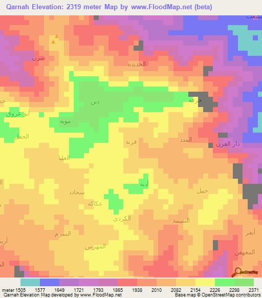 Qarnah,Yemen Elevation Map
