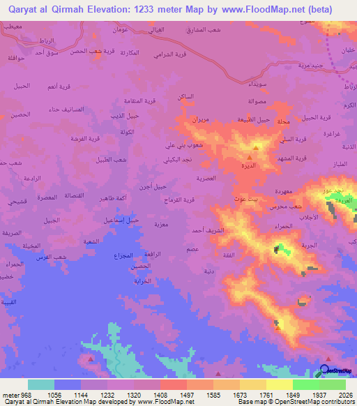 Qaryat al Qirmah,Yemen Elevation Map