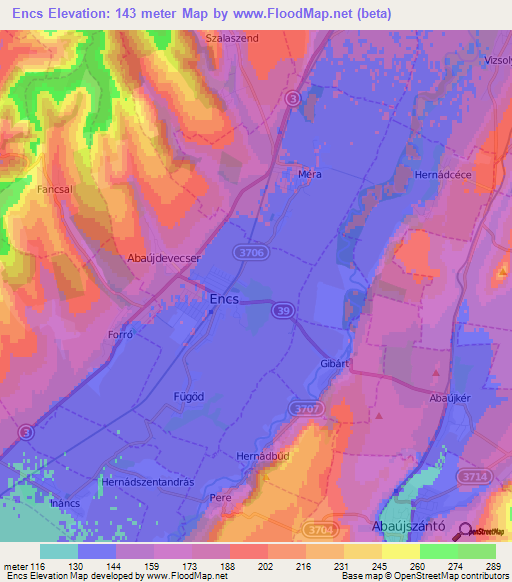 Encs,Hungary Elevation Map