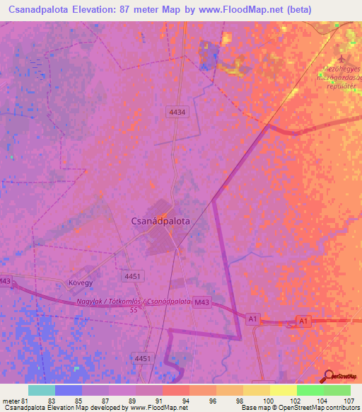 Csanadpalota,Hungary Elevation Map