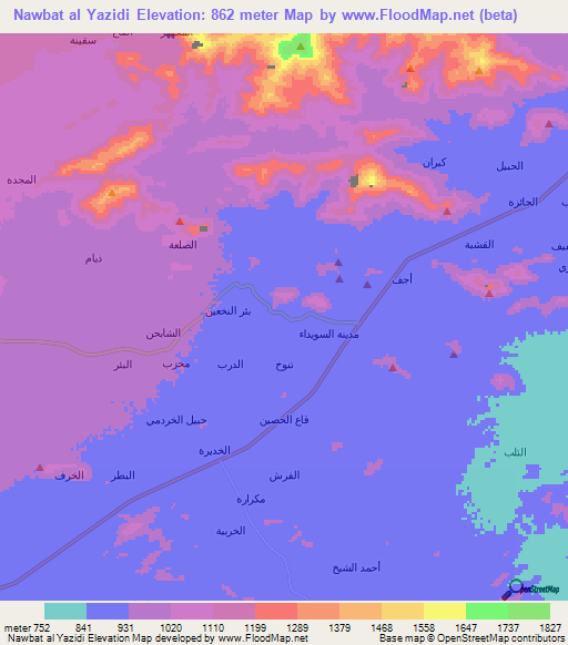 Nawbat al Yazidi,Yemen Elevation Map