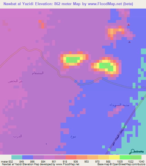 Nawbat al Yazidi,Yemen Elevation Map