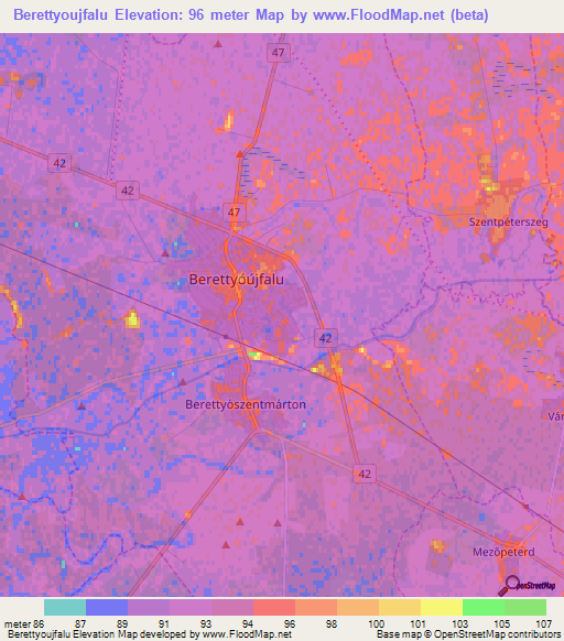 Berettyoujfalu,Hungary Elevation Map