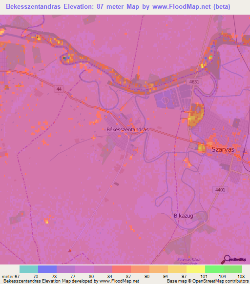Bekesszentandras,Hungary Elevation Map