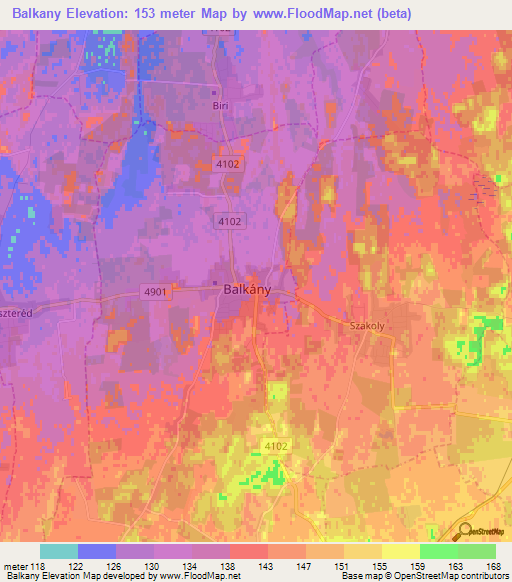 Balkany,Hungary Elevation Map