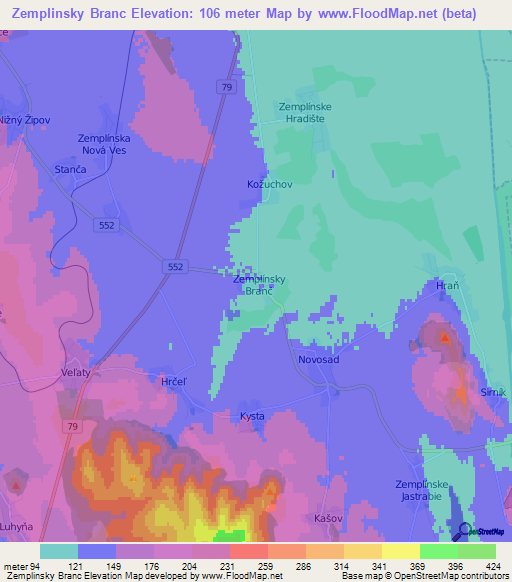 Zemplinsky Branc,Slovakia Elevation Map
