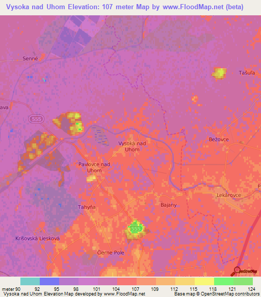 Vysoka nad Uhom,Slovakia Elevation Map