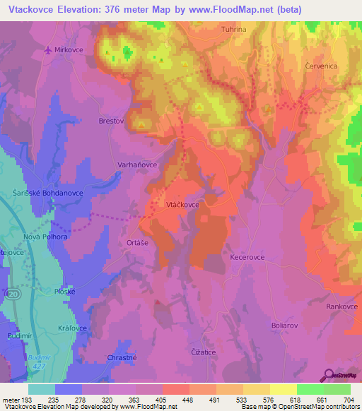 Vtackovce,Slovakia Elevation Map