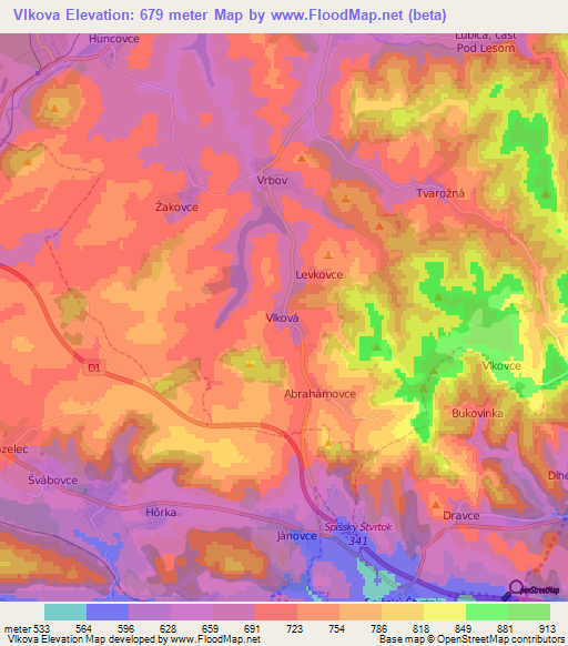Vlkova,Slovakia Elevation Map
