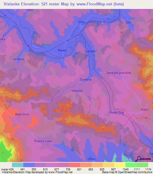 Vislanka,Slovakia Elevation Map