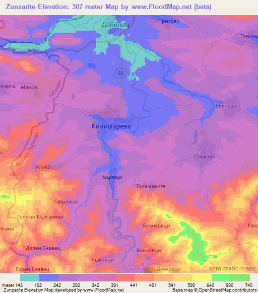 Zunzarite,Bulgaria Elevation Map
