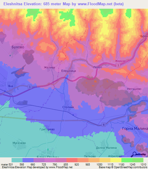 Eleshnitsa,Bulgaria Elevation Map