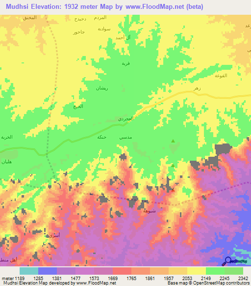 Mudhsi,Yemen Elevation Map