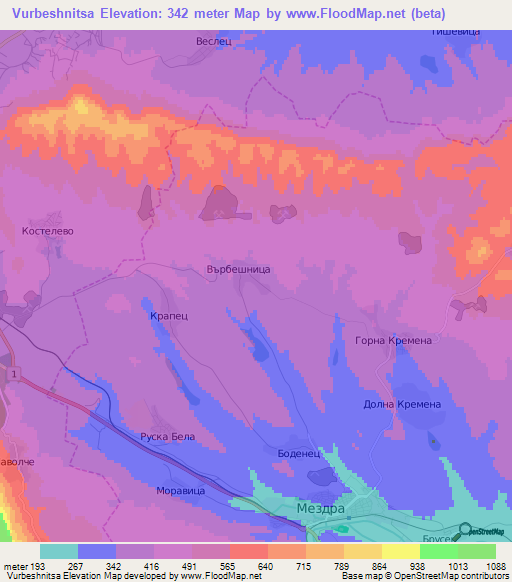 Vurbeshnitsa,Bulgaria Elevation Map