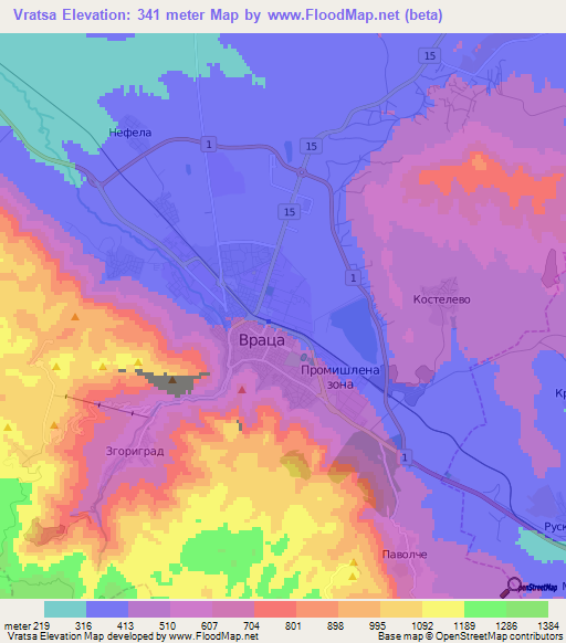 Vratsa,Bulgaria Elevation Map