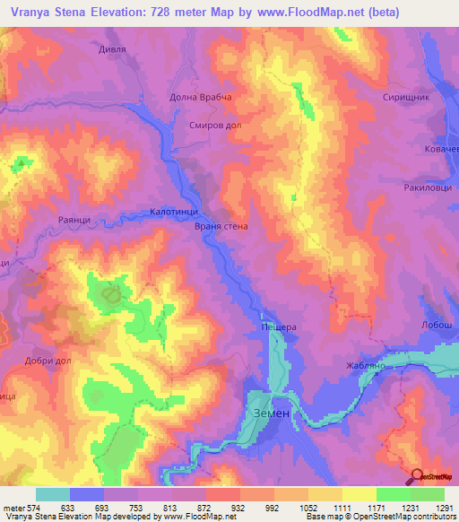 Vranya Stena,Bulgaria Elevation Map