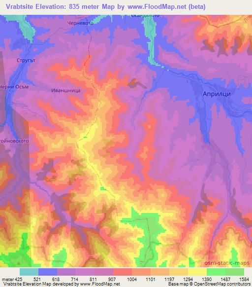 Vrabtsite,Bulgaria Elevation Map